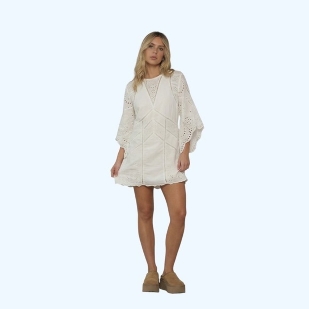 AllSaints White Eyelet Luci Broderie Mini Dress Flare Sleeve Cotton Boho Sz 6